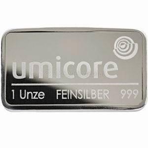 Voorkant 31,1 gram zilverbaar van Umicore met zuiverheid van 999/1000 geseald zacht plastic. Ook wel fijnzilver, zilver