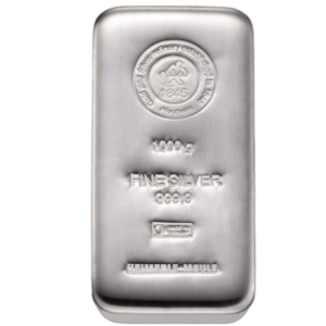 Voorkant 1000 gram zilverbaar van Heimerle + Meule zuiverheid van 999/1000 geseald zacht plastic. Ook wel fijnzilver, zilver