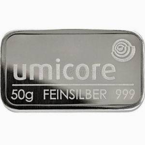 Voorkant 50gram zilverbaar van Umicore met een zuiverheid van 999/1000 geseald zacht plastic. Ook wel fijnzilver, zilver