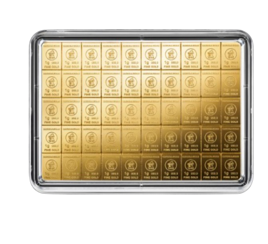 50 x 1 gram CombiBar goudbaar van Heimerle + Meule met certificaat geseald hardplastic cover goudplaatje LBMA gecertificeerd