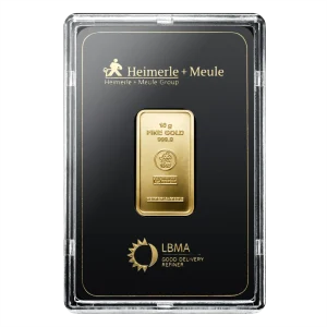 Voorkant 10 gram goudbaar van Heimerle + Meule met certificaat geseald hardplastic cover goudplaatje is LBMA gecertificeerd