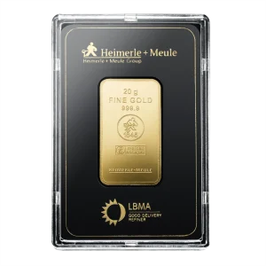 Voorkant 20 gram goudbaar van Heimerle + Meule met certificaat geseald hardplastic cover goudplaatje is LBMA gecertificeerd