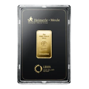 Voorkant 5 gram goudbaar van Heimerle + Meule met certificaat geseald hardplastic cover goudplaatje is LBMA gecertificeerd