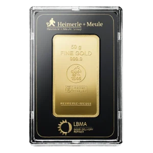 Voorkant 50 gram goudbaar van Heimerle + Meule met certificaat geseald hardplastic cover goudplaatje is LBMA gecertificeerd