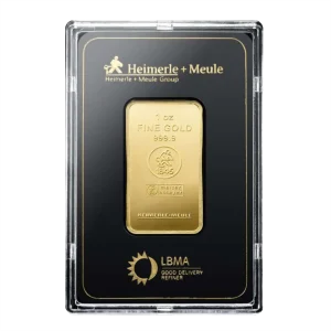 Voorkant 31,1 gram Troy ounce goudbaar Heimerle + Meule met certificaat in hardplastic goudplaatje is LBMA gecertificeerd.
