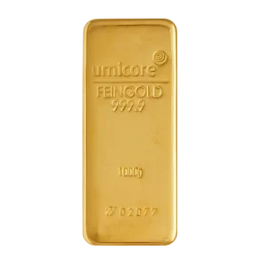 Voorkant 1000 gram goudbaar van Umicore voorzien van certificaat geseald gegoten baar is LBMA gecertificeerd