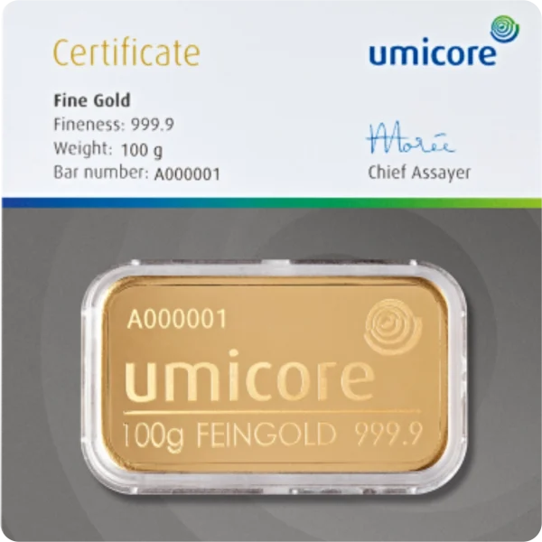 Umicore goudplaatje 100 gram met certificaat