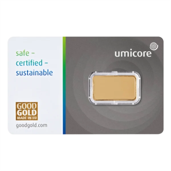 Voorkant 2,5 gram goudbaar van Umicore voorzien van certificaat geseald hardplastic cover goudplaatje is LBMA gecertificeerd