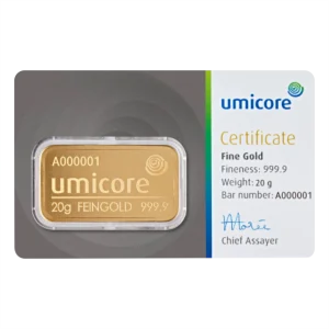 Voorkant 20 gram goudbaar van Umicore voorzien van certificaat geseald hardplastic cover en goudplaatje LBMA gecertificeerd