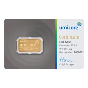 Voorkant 5 gram goudbaar van Umicore voorzien van certificaat geseald hardplastic cover en goudplaatje is LBMA gecertificeerd