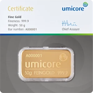 Voorkant 50 gram goudbaar van Umicore voorzien van certificaat geseald hardplastic cover goudplaatje is LBMA gecertificeerd