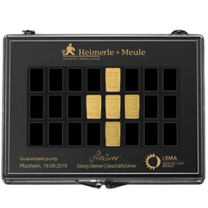 Unitybox met 5 x 1 gram goudbaar van Heimerle + Meule zuiverheid 99,99 procent ook genoemd goudplaatje LBMA gecertificeerd