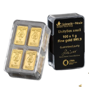 Unitybox van Heimerle + Meule met 100 x 1 gram goudbaar zuiverheid van 99,99% verpakt in hardplastic boxje met certificaat.