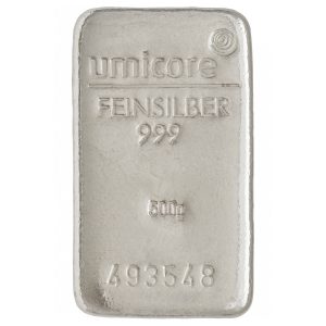 Voorkant 500 gram zilverbaar van Umicore met een zuiverheid van 999/1000 geseald zacht plastic. Ook wel fijnzilver, zilver