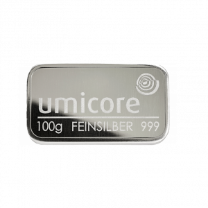 Voorkant 100 gram zilverbaar van Umicore met een zuiverheid van 999/1000 geseald zacht plastic. Ook wel fijnzilver, zilver