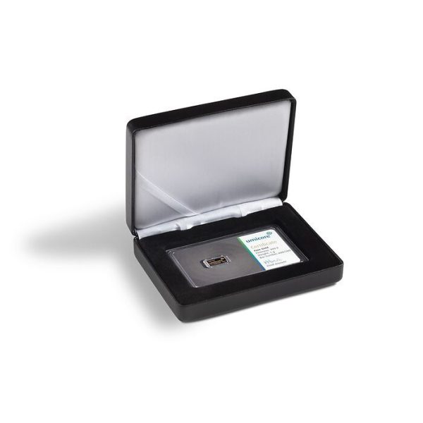 1 gram goudbaar Umicore in geschenkverpakking met certificaat geseald in hardplastic en goudplaatje is LBMA gecertificeerd
