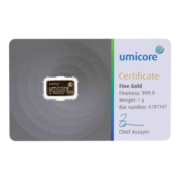 Voorkant 1 gram goudbaar van Umicore voorzien van certificaat geseald hardplastic cover en goudplaatje is LBMA gecertificeerd