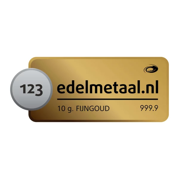 Goudbaar van 10 gram van div. edelmetaal smelters met een zuiverheid van 999,9 procent ook genoemd fijngoud of goudplaatje.