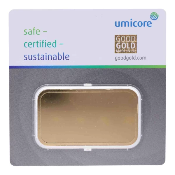 Achterkant 100 gram goudbaar van Umicore voorzien van certificaat geseald hardplastic cover goudplaatje is LBMA gecertificeerd