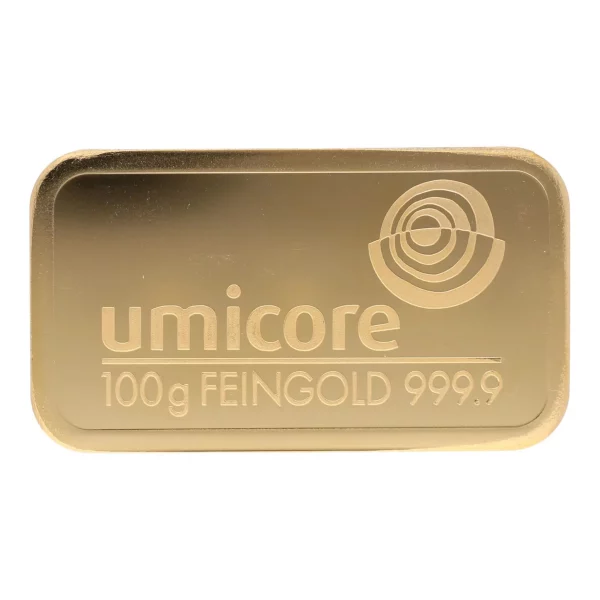 100 gram goudbaar van Umicore voorzien van certificaat geseald hardplastic cover goudplaatje is LBMA gecertificeerd