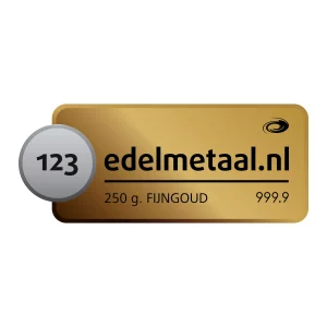 Goudbaar van 250 gram van div. edelmetaal smelters met een zuiverheid van 999,9 procent ook genoemd fijngoud of goudplaatje.