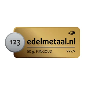 Goudbaar van 50 gram van div. edelmetaal smelters met een zuiverheid van 99,99 procent ook genoemd fijngoud of goudplaatje.
