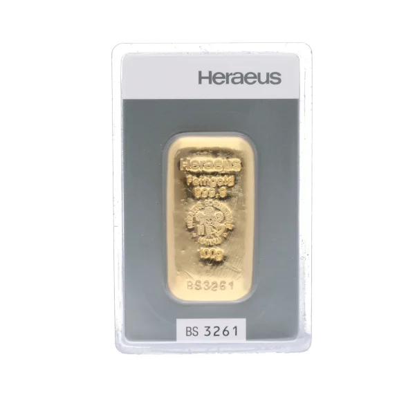 Voorkant 100 gram goudbaar van Heraeus voorzien van certificaat geseald hardplastic cover goudplaatje is LBMA gecertificeerd