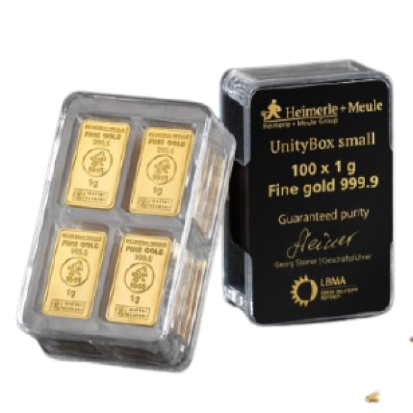 Unitybox van Heimerle + Meule met 100 x 1 gram goudbaar zuiverheid van 99