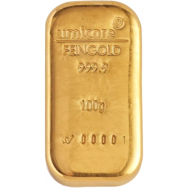 Umicore goudbaar 100 gram casted LBMA Gecertificeerd